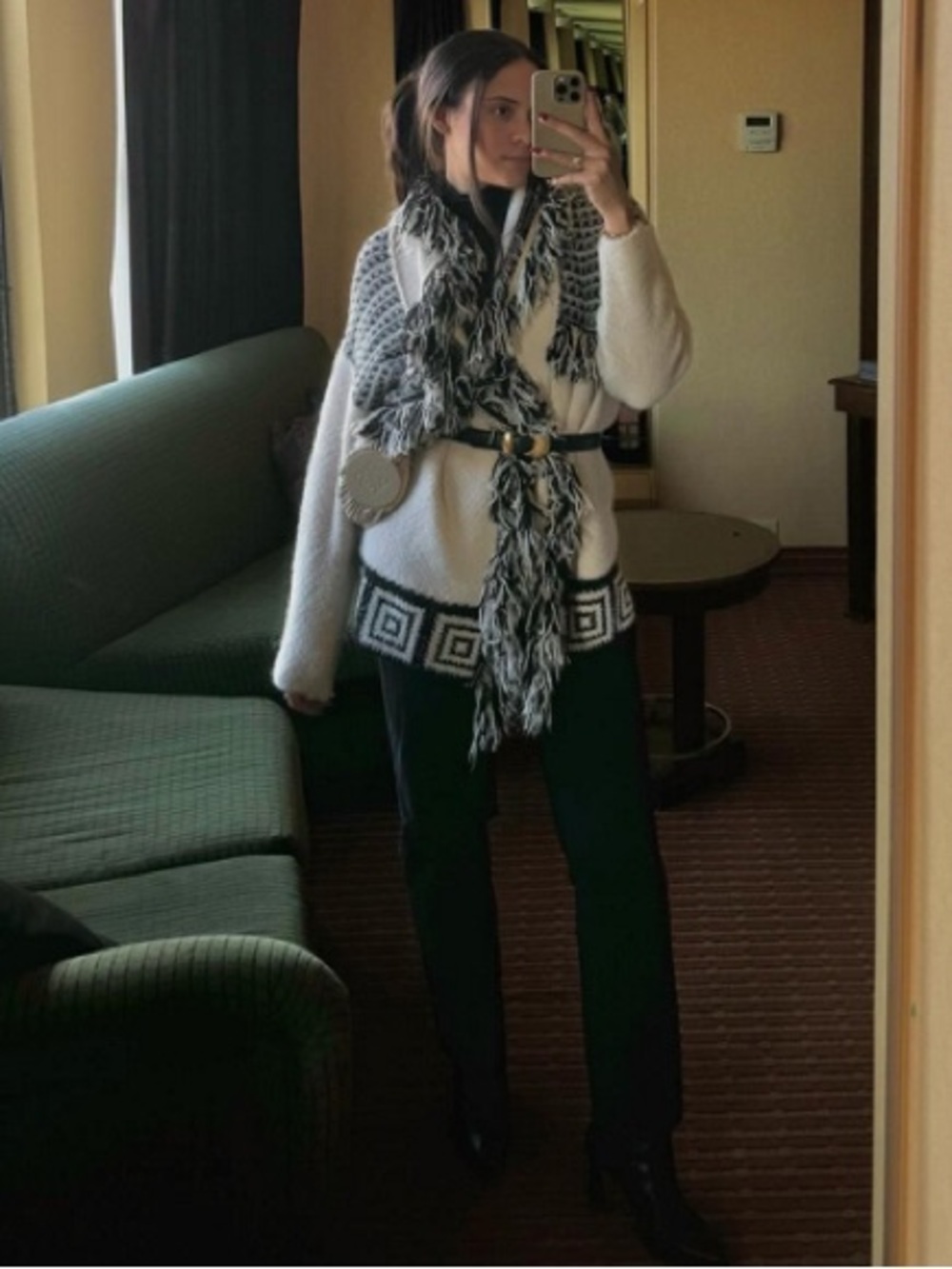 Beige & Black Fringe Knit Cardigan Sweater - Picture 8 of 13